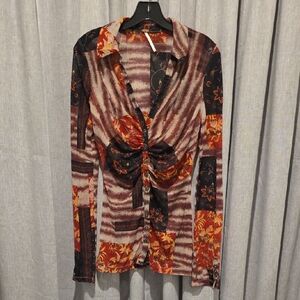 Free People Lucky Multicolor Floral Printed Button-Down Long Blouse